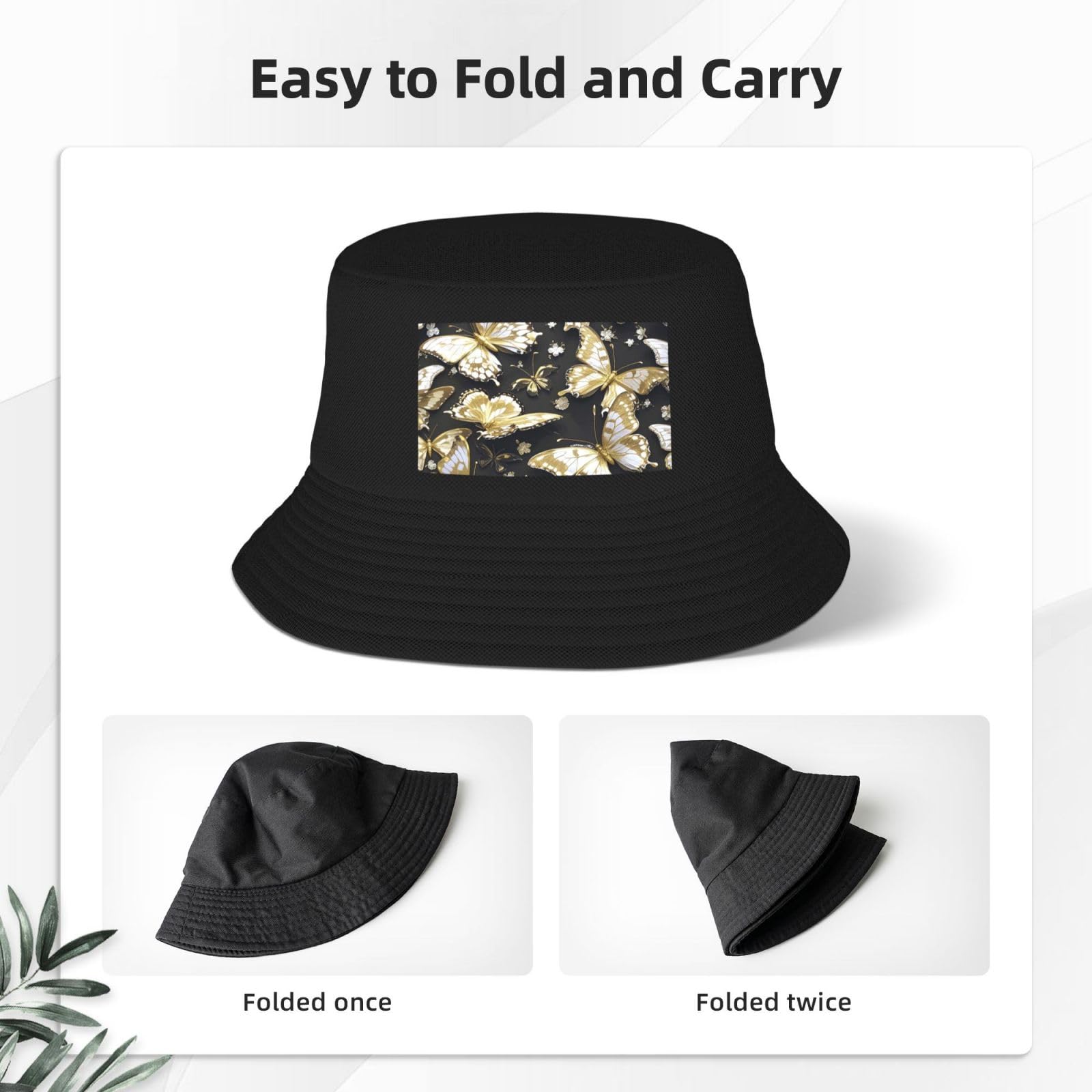 Bucket Hat for Women Men Cotton Sun Hats Gold White Butterflies Black Hat Beach Fisherman Hat Summer for Protection