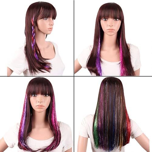 16 Pcs Laser Colored Hair Tinsel Strands Kit Clip In Hair Tinsel Extensions Shinny Party Highlights 19 Inch Synthetic Hairpieces Multi-Colors Dazzle Glitter Hair Accessories For Women Girls Kids #TOP4