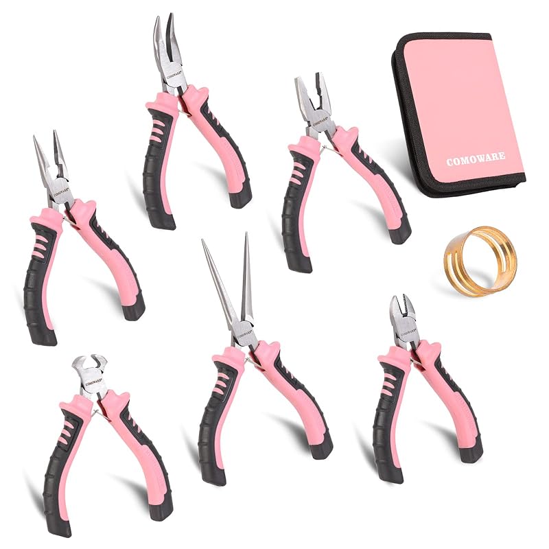 Kit de Alicates Mini COMOWARE com 6 Peças para Eletrônica, Artesanato e Joalheria com Bolsa Rosa