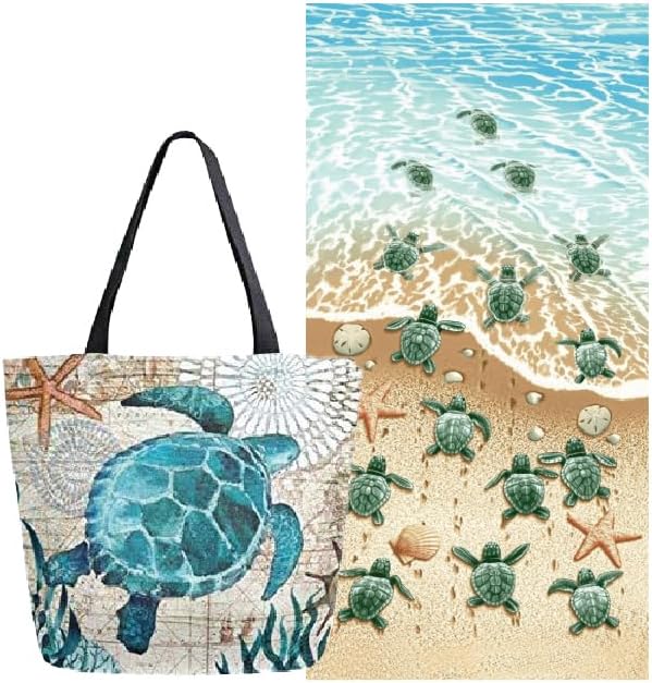 TeddyCuddle Turtle Canvas Tote Bag 50cm X 40cm - With A Turtle Microfibre Beach Towel 140cm X 70cm