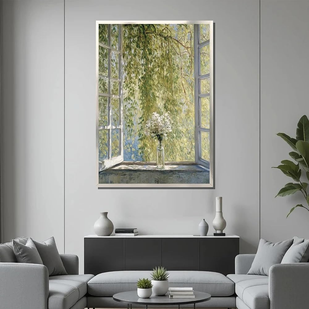 Dittelle Quadro su tela con finestra aperta illuminata dal sole e vaso di fiori, natura morta rilassante per un'atmosfera romantica in stile cottage francese (30x40 cm/cornice interna)