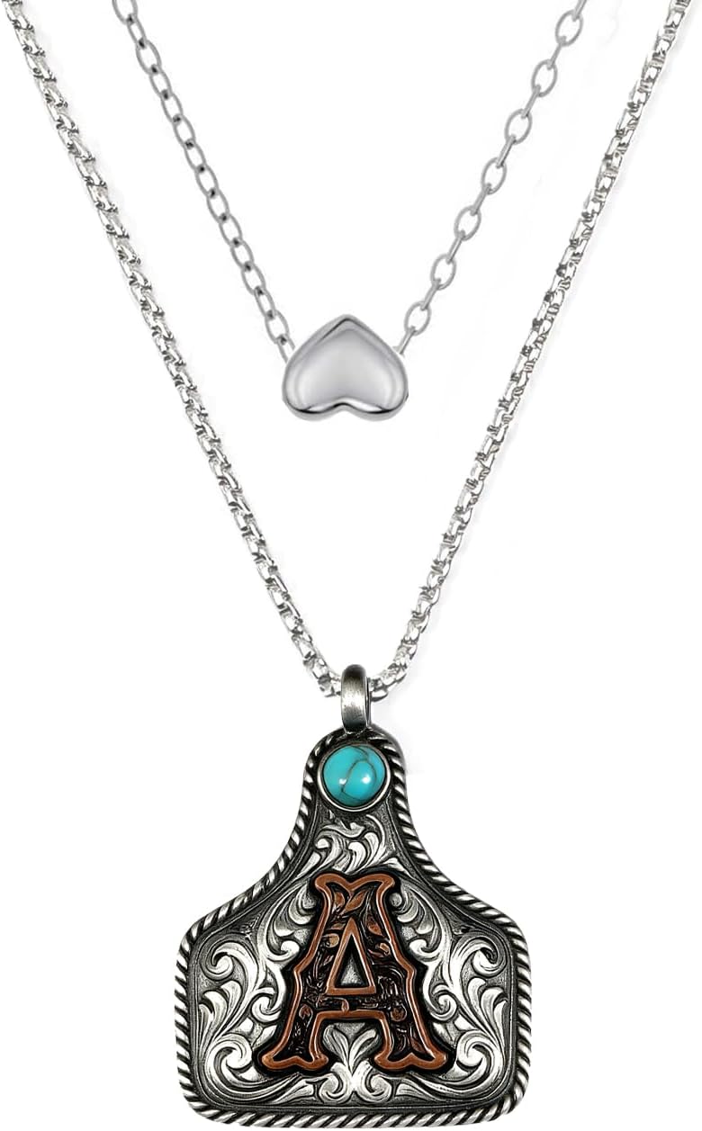 Western Layered Initial Necklaces for Women Turquoise Cowboy Cowgirl Jewelry Vintage Cow Tag Initial Pendant with Heart Choker 2 Layer Western Turquoise Necklace Belt Buckle Necklaces