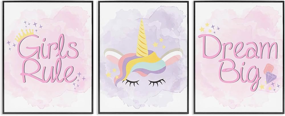 'Girls Rule Dream Big Star Crown Unicorn'| 3피스 프레임 지클레이 아트 세트 3 — 사진 1