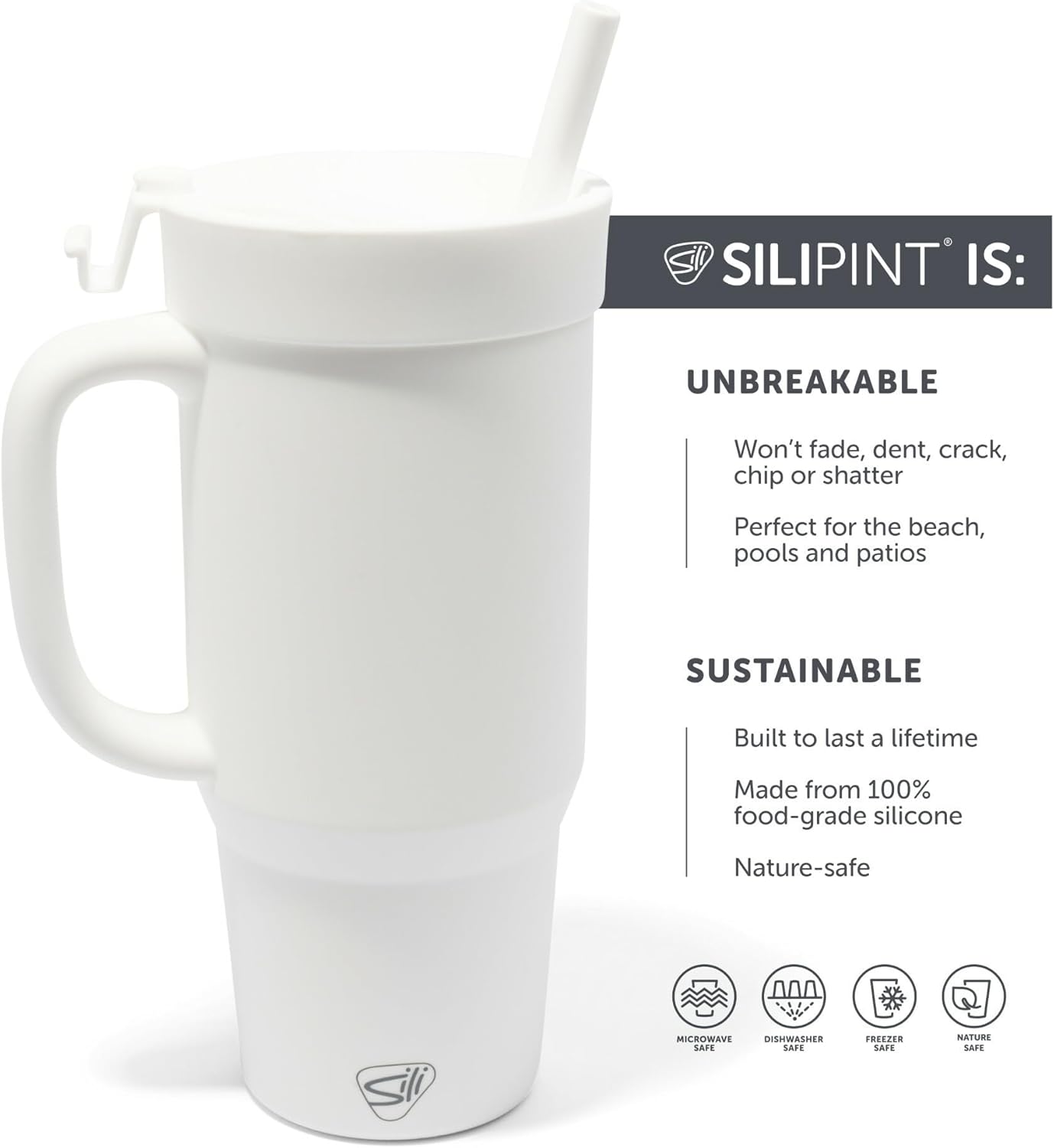 Silipint 32oz Silicone Tumbler with Handle, Flip Lid and Straw – BPA-Free, Non-Toxic, Freezer, Microwave, Dishwasher Safe Tumbler – Perfect for Tea, Smoothies (Classic White) Pack of 1
