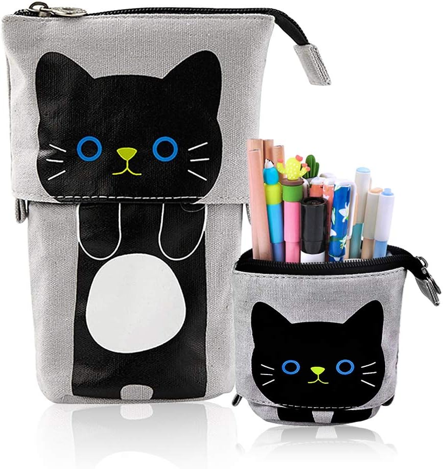 iSuperb Transformer Stand Store Pencil Holder Canvas+PU Cartoon Cute Cat Telescopic Pencil Pouch Bag Stationery Pen Case Box with Zipper Closure 7.5 x 4.9 x 3.0inch/4.1x 3.0inch : Office Products