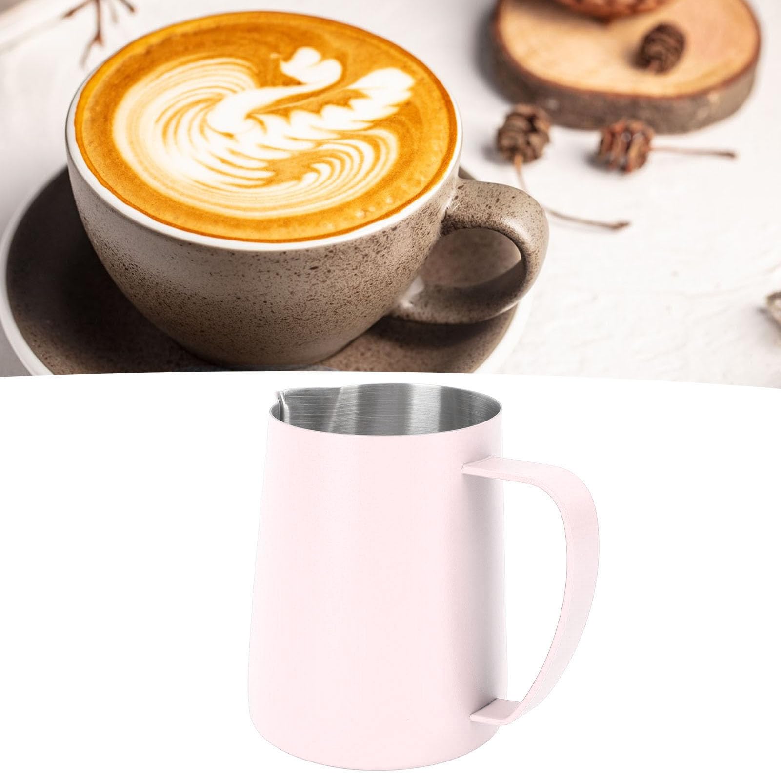 Professionale Brocca In Schiuma per Espresso, Bricco Latte in Acciaio Inox con Segno di Misurazione per Latte Art, Montalatte Espresso e Cappuccino (Rosa)