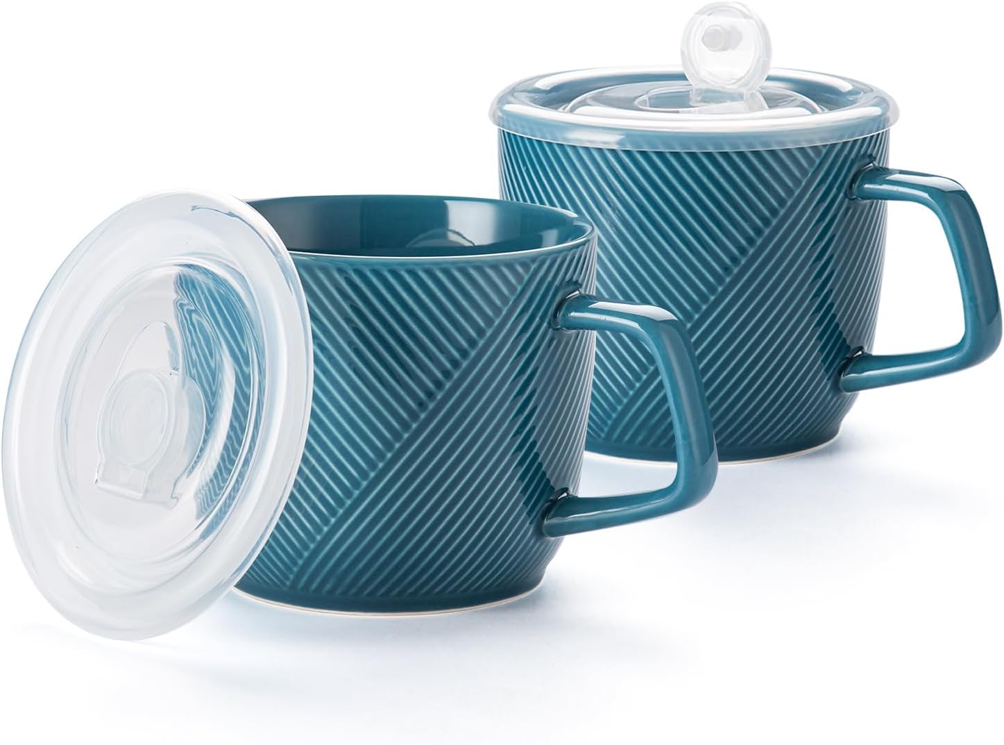 Ceramic Soup Bowl with Lid & Handle: 32 oz Microwave Safe Food Container for Ramen Noodles Cereal Leftovers - Extra Large Mugs for Breakfast Lunch Picnic Camping - Sky Blue, Set of 2