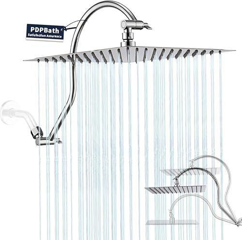 PDPBath Alcachofa de ducha de lluvia de metal de 12 pulgadas con brazo de extensión ajustable de 16 pulgadas, cabezal de ducha cuadrado grande de