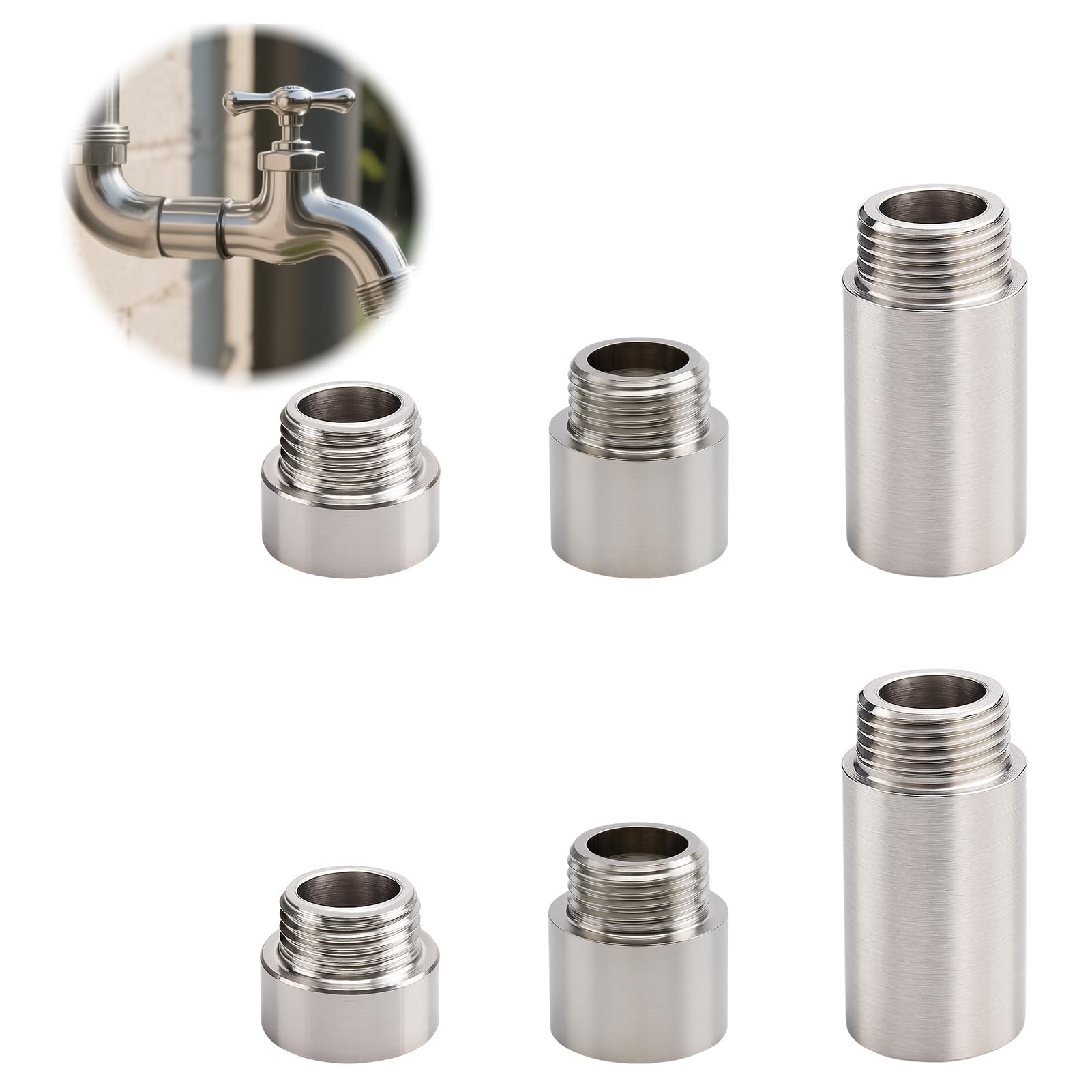6 Piezas de Extensión de Grifo de 1/2 Pulgada, Extensión de Grifo Interior y Exterior con Rosca Estándar, Utilizable como Extensión de Boquilla de Ducha, Conexión de Tubo Alargador de Acero Inoxidable