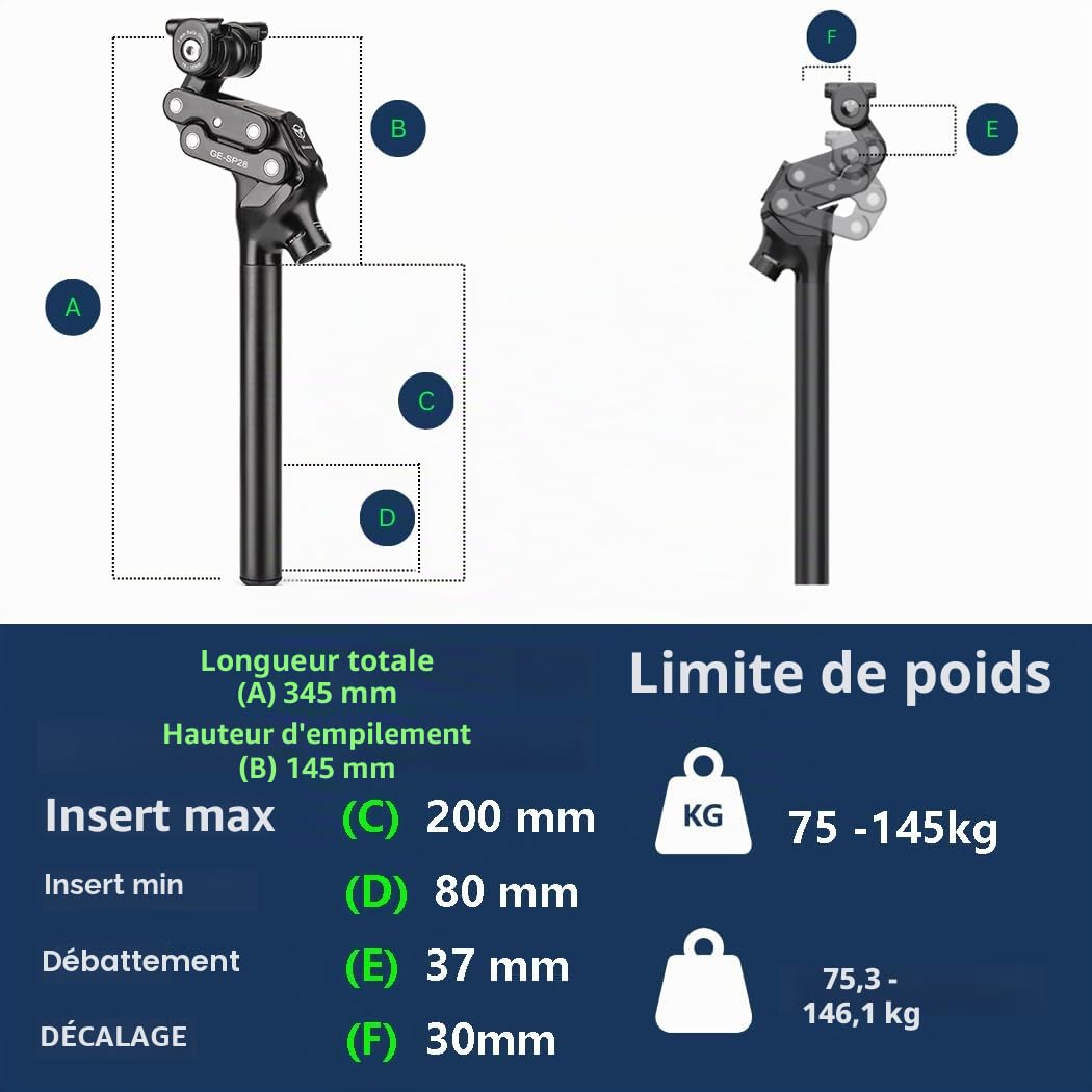 GEWAGE Tige de Selle à parallélogramme 4 Bras – Tige de Selle Suspendue Premium, débattement 37 mm, Design Ergonomique, Aluminium, sans Entretien, idéale pour VTT / E-Bike / Ville