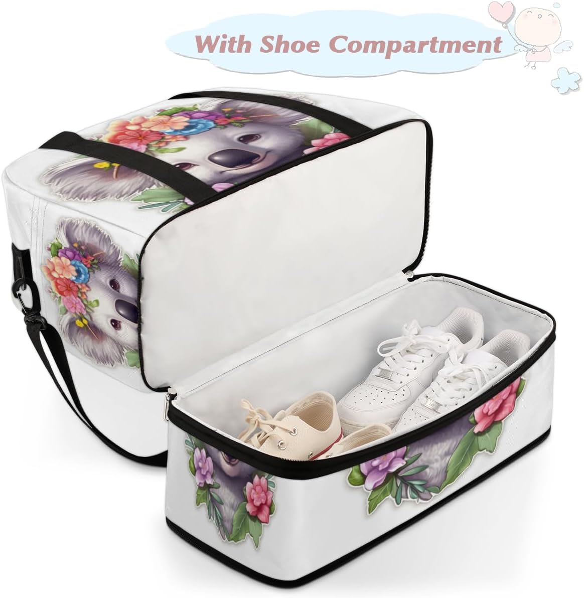 QsirBC Koala Funny Design Gym Bag for Women Duffle Tote with Shoes Compartment Men Weekender Duffel for Dance Travel Sports Swimming Overnight