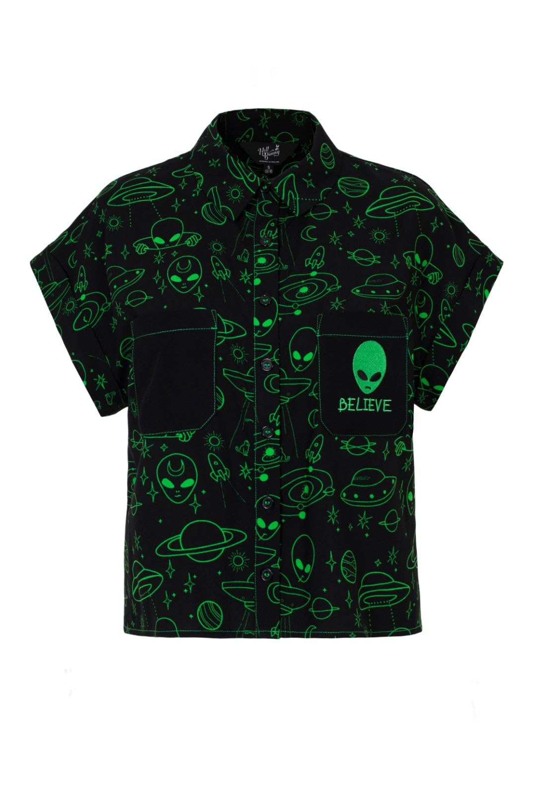 Hell Bunny Mulder Shirt Women's Blouse Black/Green Rockabilly, Black/green, XL