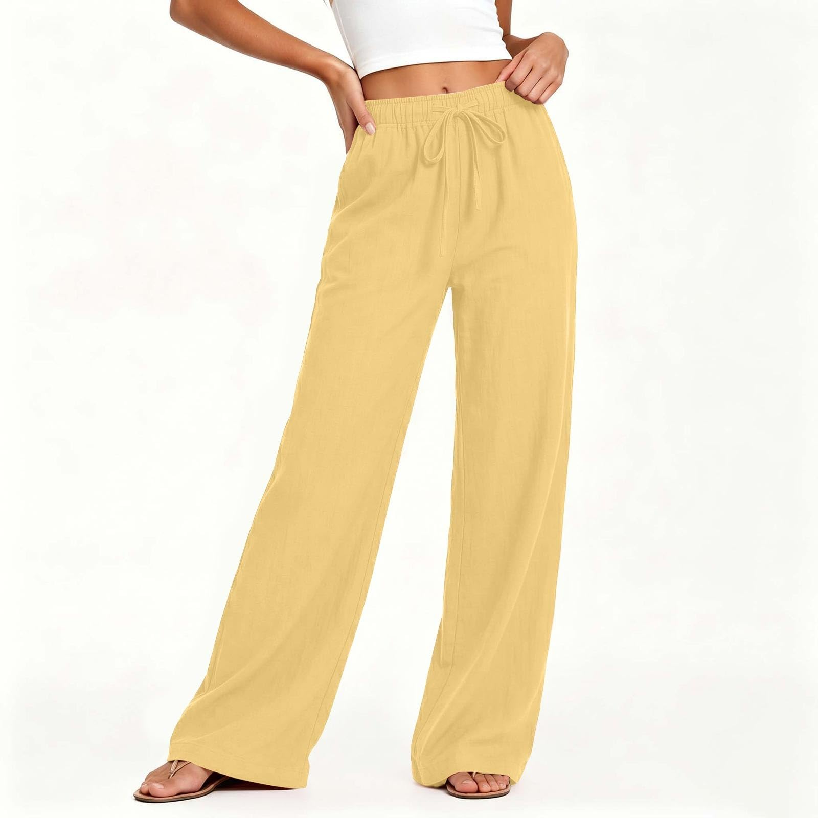 Pantalon Large Femme Coton Lin Cordon Taille Élastique Poches Couleur Unie