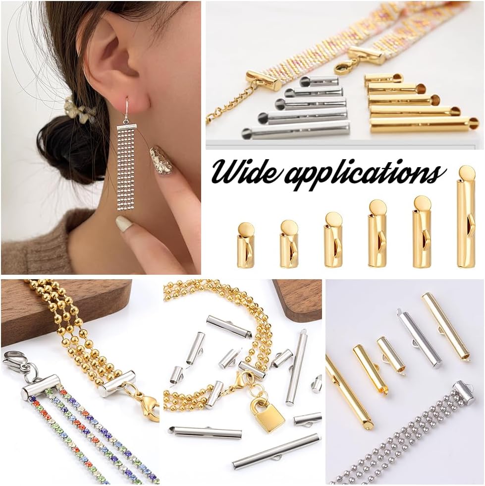 UNICRAFTALE About 48pcs Real 24K Gold Plated Slide On End Clasp Tubes Crimp End 6 Sizes Tube End Bar Slider End Caps Crimp Metal Tube Buckle Clasps for Multi Strand Necklace Seed Beads Looms - Image 6