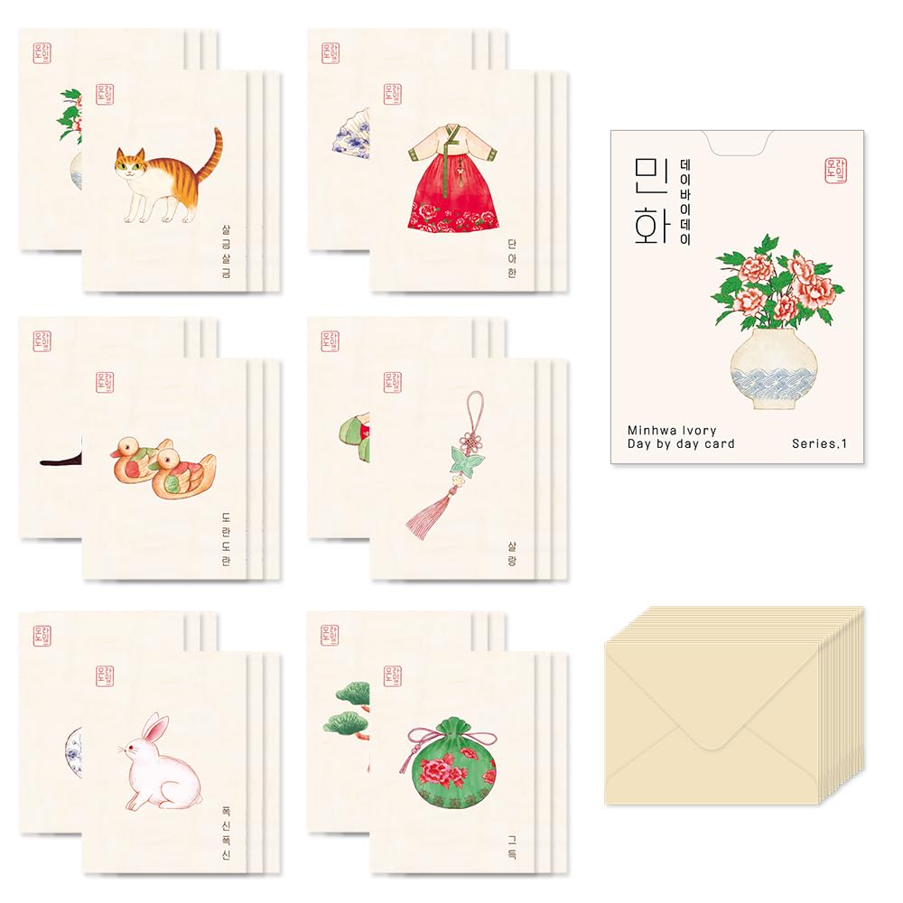 Monolike Day by Day Card, 102 Minhwa Ivory Series. 1 - Mix 48 Mini Single cards, 24 envelopes Package