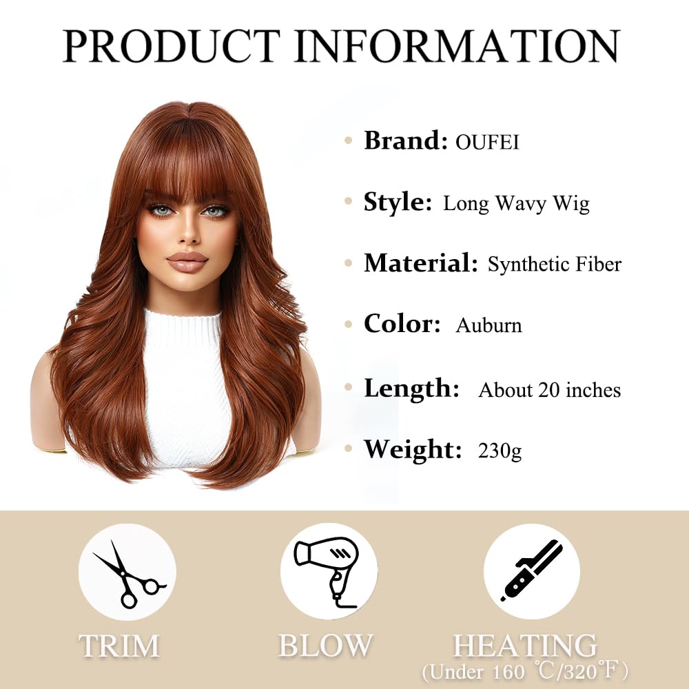 OUFEI Long Wavy Ombre Auburn Wigs for Women with Bangs Natural Synthetic Hair Heat Resistant Wigs for Daily Party Cosplay Wear - Image 2