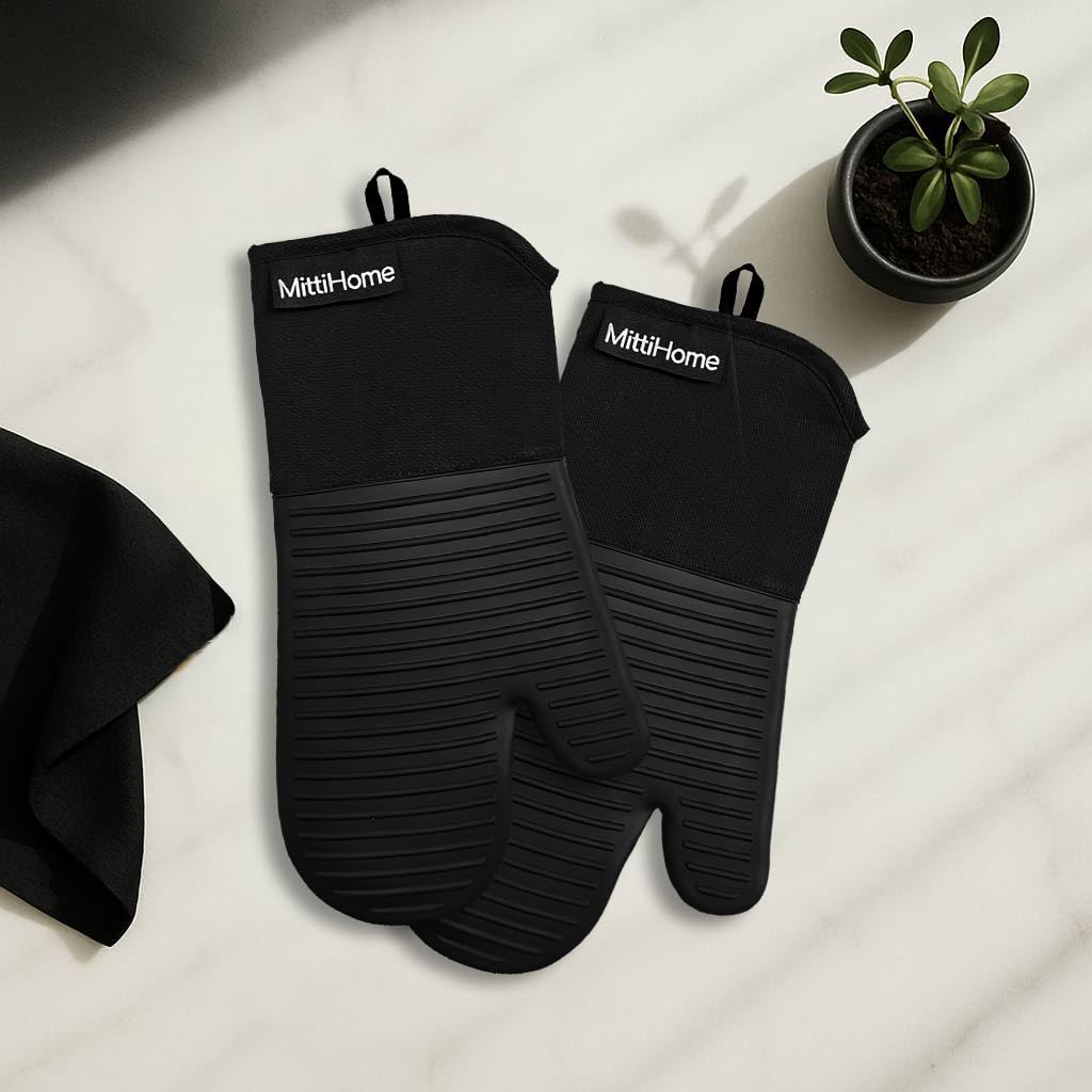 MittiHome™ Heat Resistant Oven Mitts (Set of 2) – 500°F Non-Slip Silicone Kitchen Gloves with Quilted Cotton Comfort (Black)