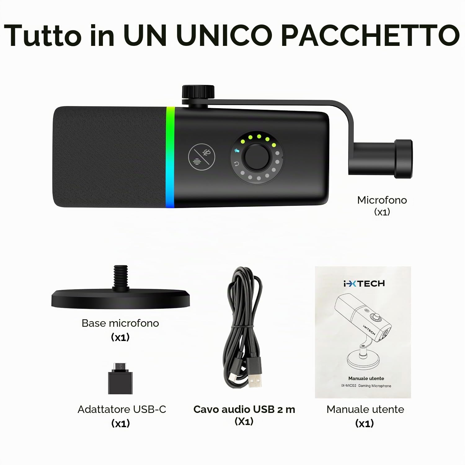 IXTECH Microfono USB da gioco per PC, con cancellazione del rumore, microfono a condensatore per podcast e streaming video, con supporto treppiede, filtro pop, supporto antiurto, controllo del