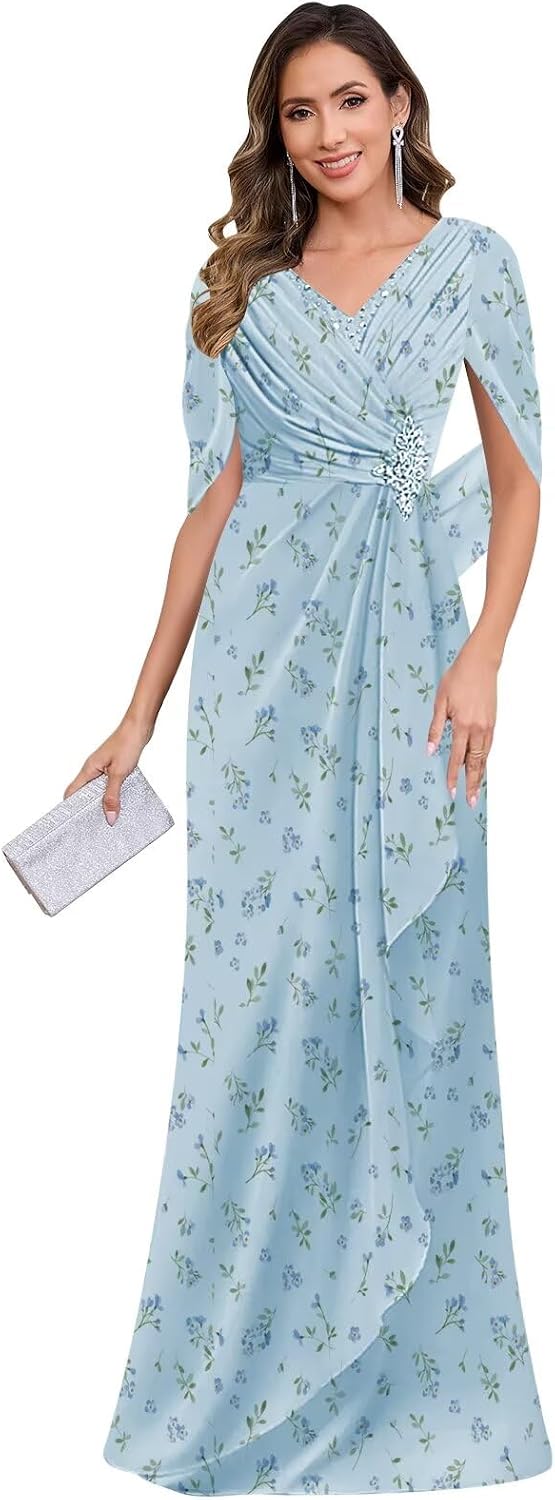 BOLENSYE Women's Cap Sleeve Mother of The Bride Dresses Lace Appliques Chiffon Long Formal Evening Party Gown
