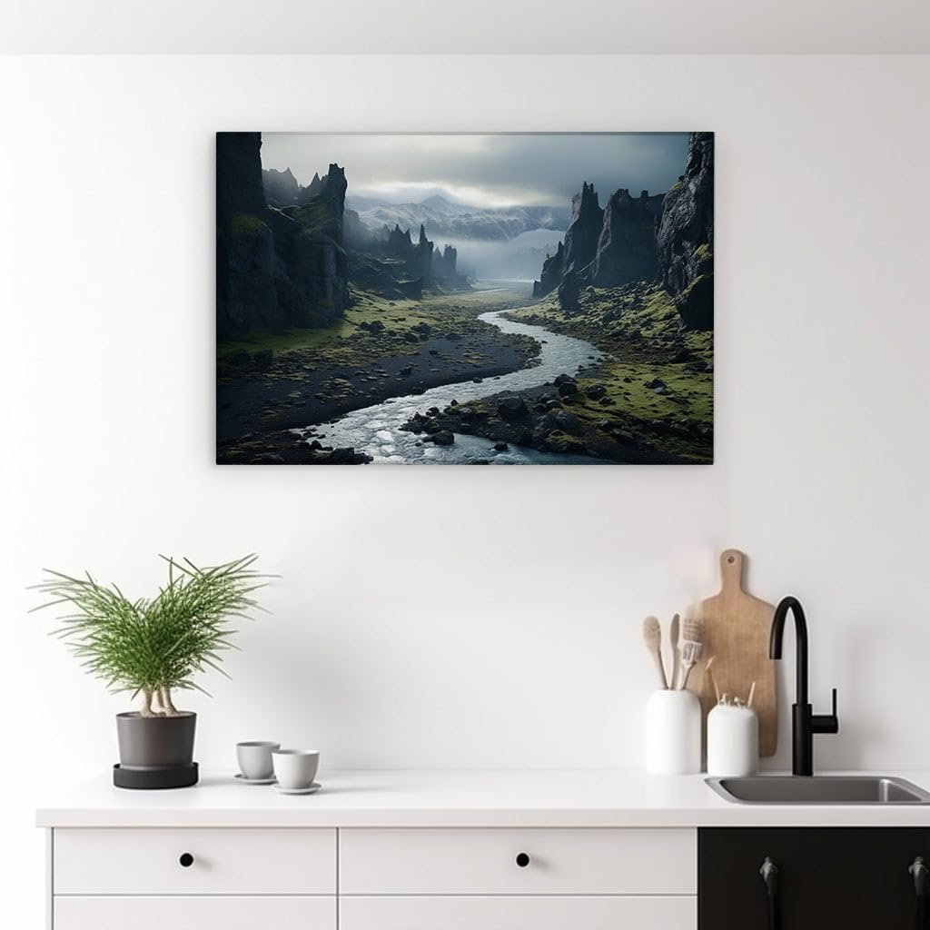 Art Wall: Serene River Meandering Through Lush Valley With Dramatic Rock Formations. Interior Art, Canvas Art Wall, Arts Wall Decoration Size: 69x46 cm (27x18 inch)