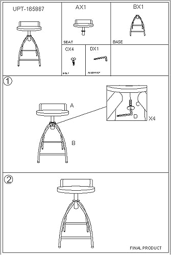 Miniatura 22 de Benzara Taburete ajustable de altura de barra giratoria de estilo industrial con respaldo, marrón y negro