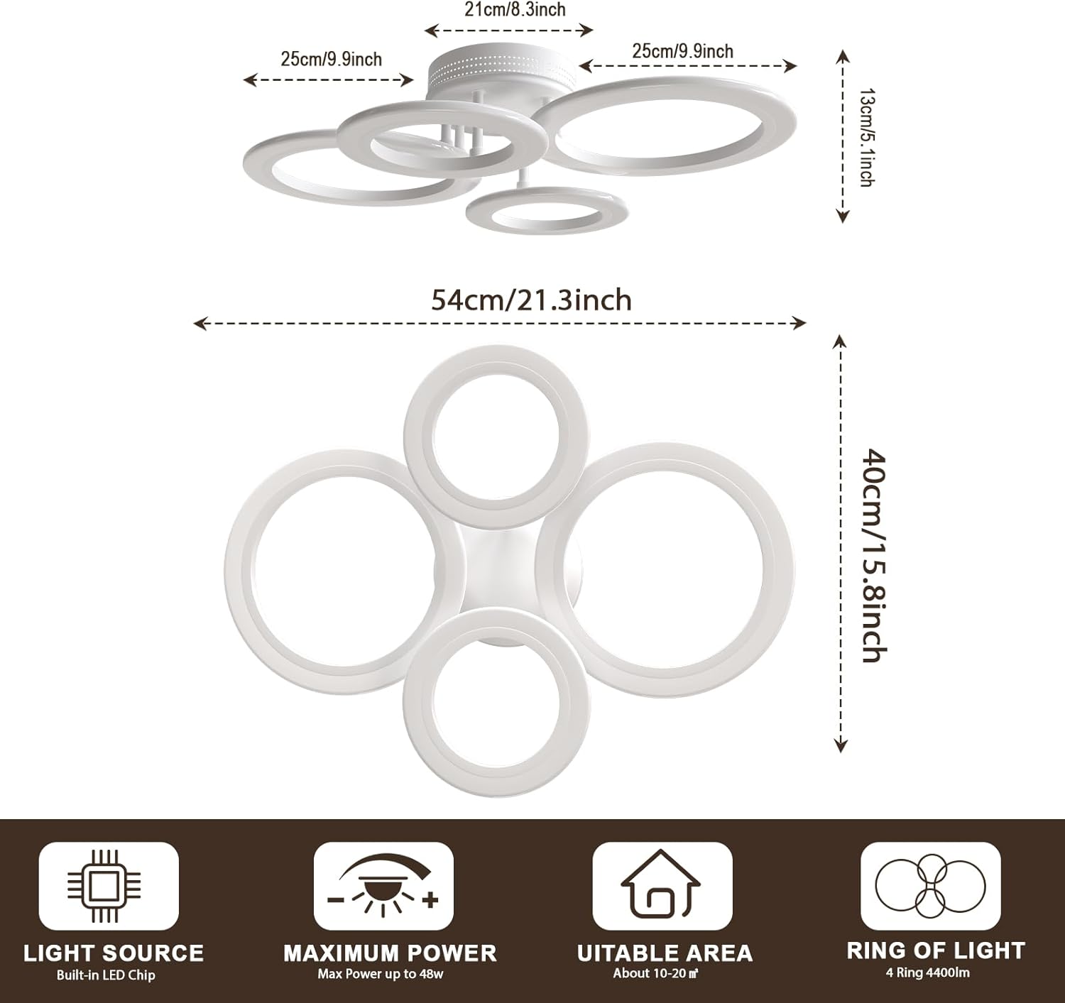 OUQI 48W 4 Ring Modern LED Ceiling Light, 2800-7000K Dimmable Flush Mount Kitchen Light Fixtures, White Round Chandelier Ceiling Lamp for Small Room, Kitchen, Bedroom