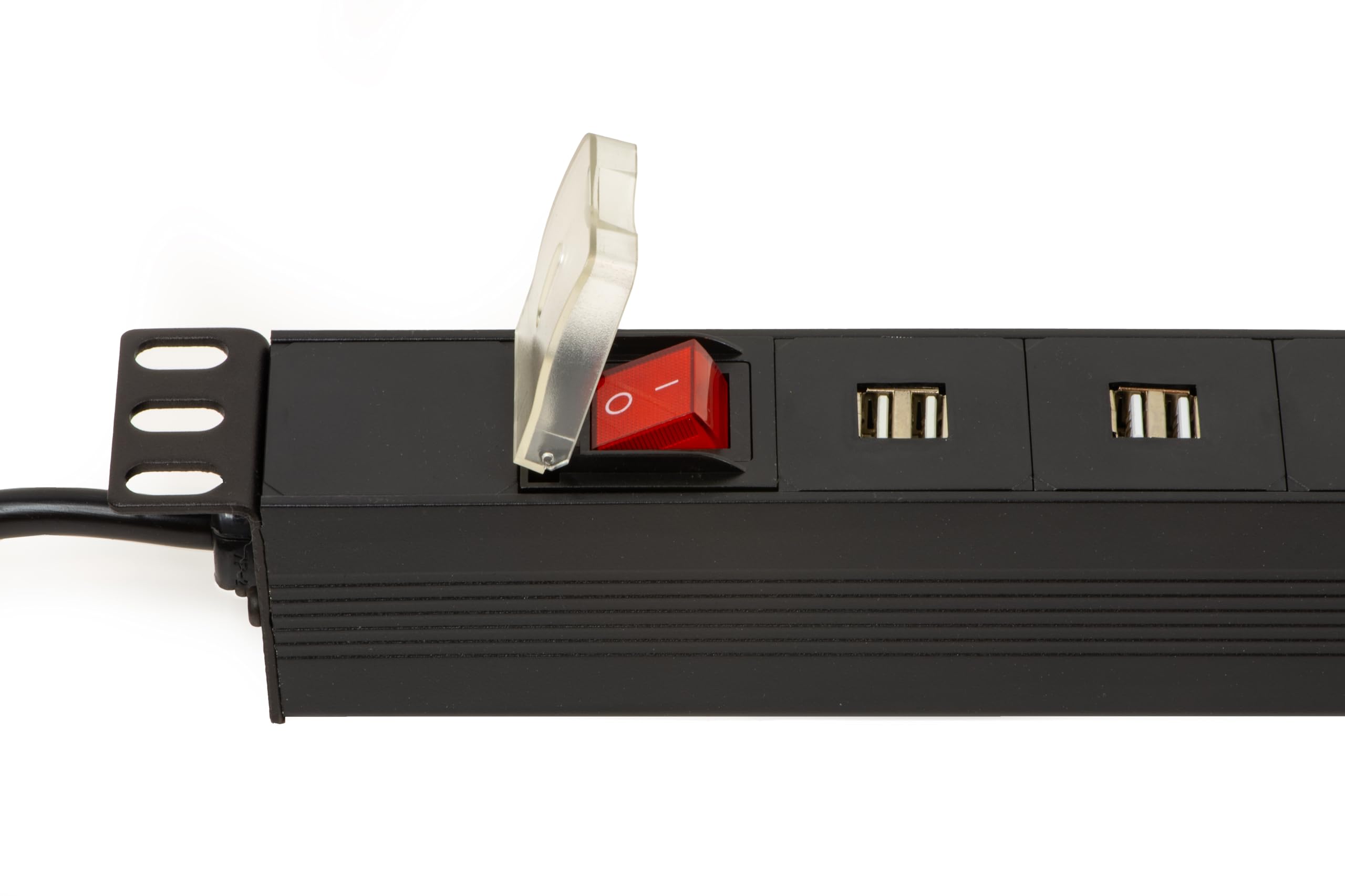 Link multipresa 1U 19" per armadi rack LK10064-12 prese USB 3,4A ricarica dispositivi mobili con interruttore LED e 6 prese universali/Schuko, metallo 1 unità, 48,5x4,5x4,5. Alette reversibili.