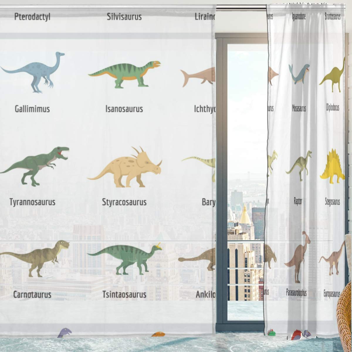 Mnsruu Rideaux en Voile Transparent, Type Dinosaure, Petits Rideaux Transparents pour Chambre à Coucher, 140 x 198 cm, 2 Panneaux