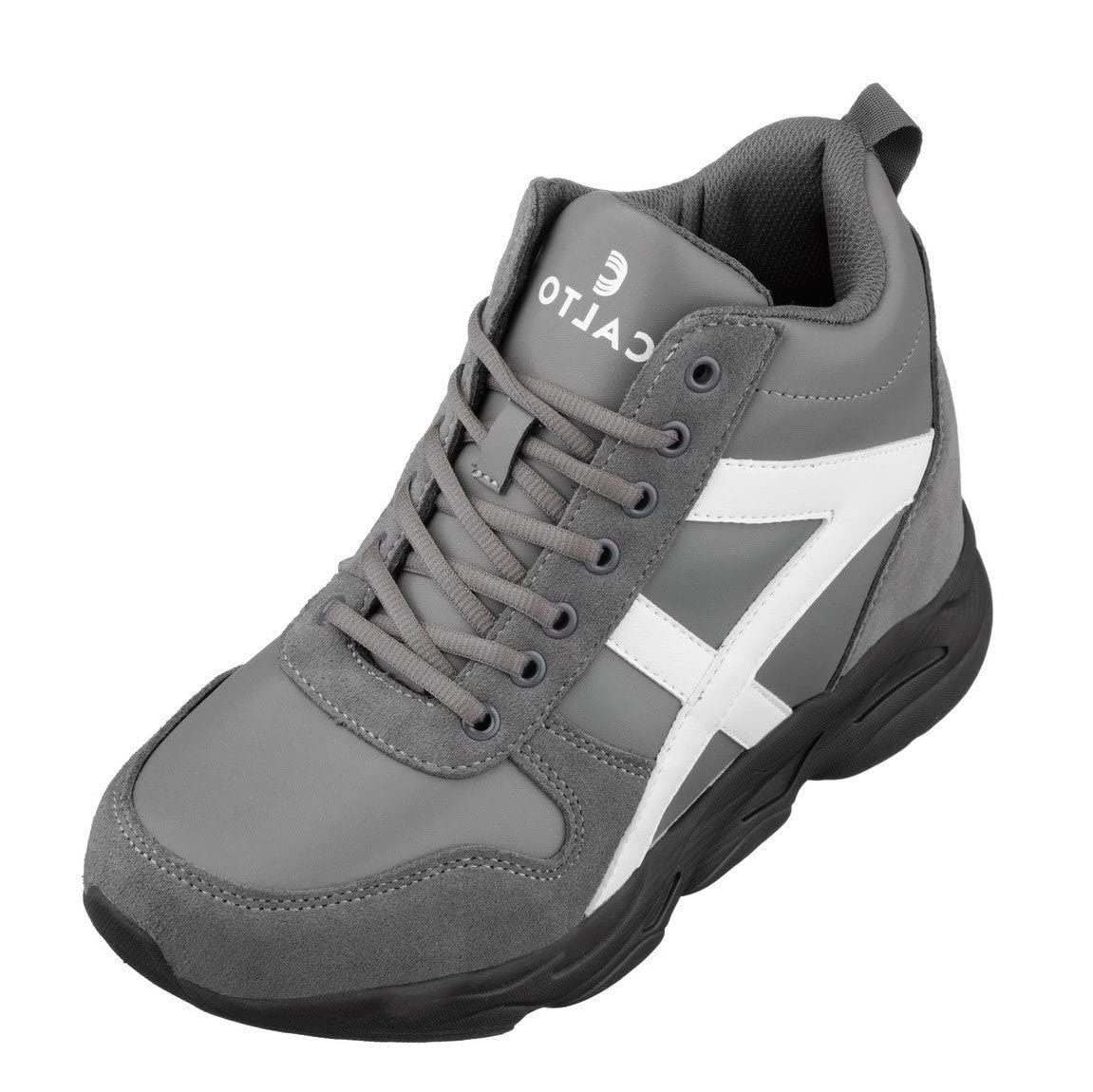 CALTO Men's Invisible Height Increasing Elevator Shoes - Grey/White Lace-up High-Top Hiking Style Sneaker Boots - 3.6 Inches Taller - S22781 - Size 11