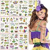 10 Sheets 100 Pieces Mardi Gras Temporary Tattoos Stickers for Kid Adults, New Orleans Mardi Gras Accessories Fake Tattoos Crown Mask Design for Masquerade Themed Makeup Party Favors Decoration
