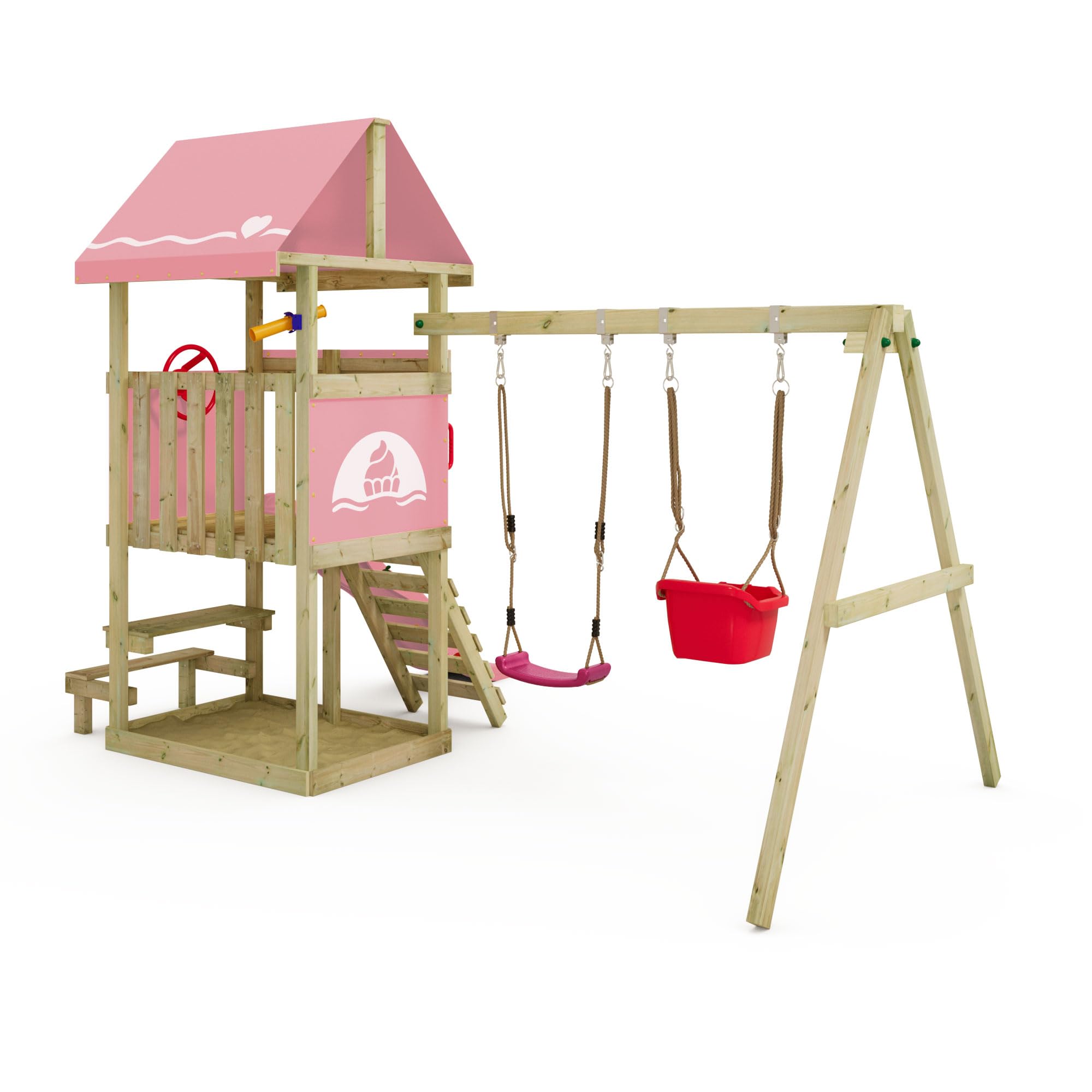 Wickey Spielturm DinkyHouse mit Picknicktisch - pastellpinke Rutsche & Plane - Kinder Kletterturm für den Garten aus Massivholz - 334x317x247 cm