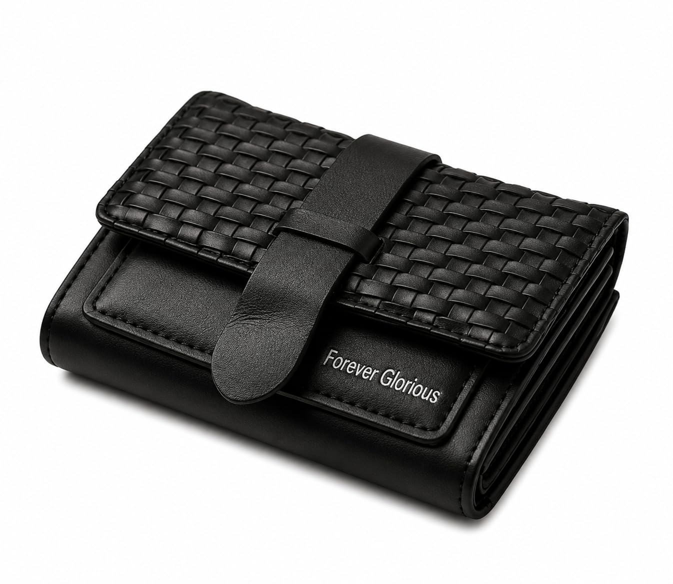 Forever Glorious Women's Compact Bi-Fold Wallet | Premium PU Leather Wallet for Women | Woven Design | Snap Button Closure | Card Holder, Cash & Coin Pocket | Black-image-16