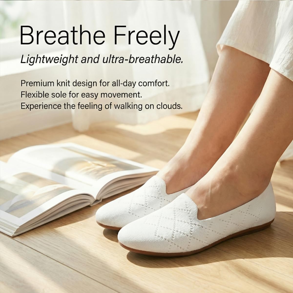 poemlady Women’s Ballet Flat Shoes Dress Shoes Knit Round Toe Slip On Ballerina Walking Flats Shoes for Woman Low Wedge Casual