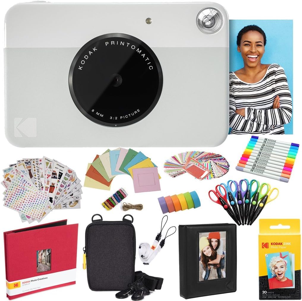 KODAK Printomatic Fotocamera istantanea (Grigio) Pacchetto all-Inclusive + Carta Fotografica Zink (20 Fogli) e Molto Altro