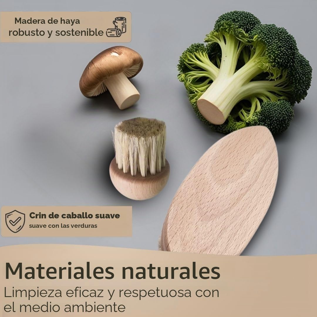 Juego de 2 cepillos para verduras y champiñones de madera de haya, cepillos de limpieza sostenibles para verduras y hongos, robustos, duraderos y respetuosos con el medio ambiente