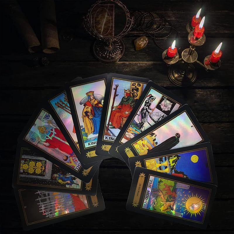 Image of Play New Tarot Card Game with Guide Book 78 Pieces Holographic Tarot Cards Deck Future Telling Game with Colorful Box for Beginners (Design 4)