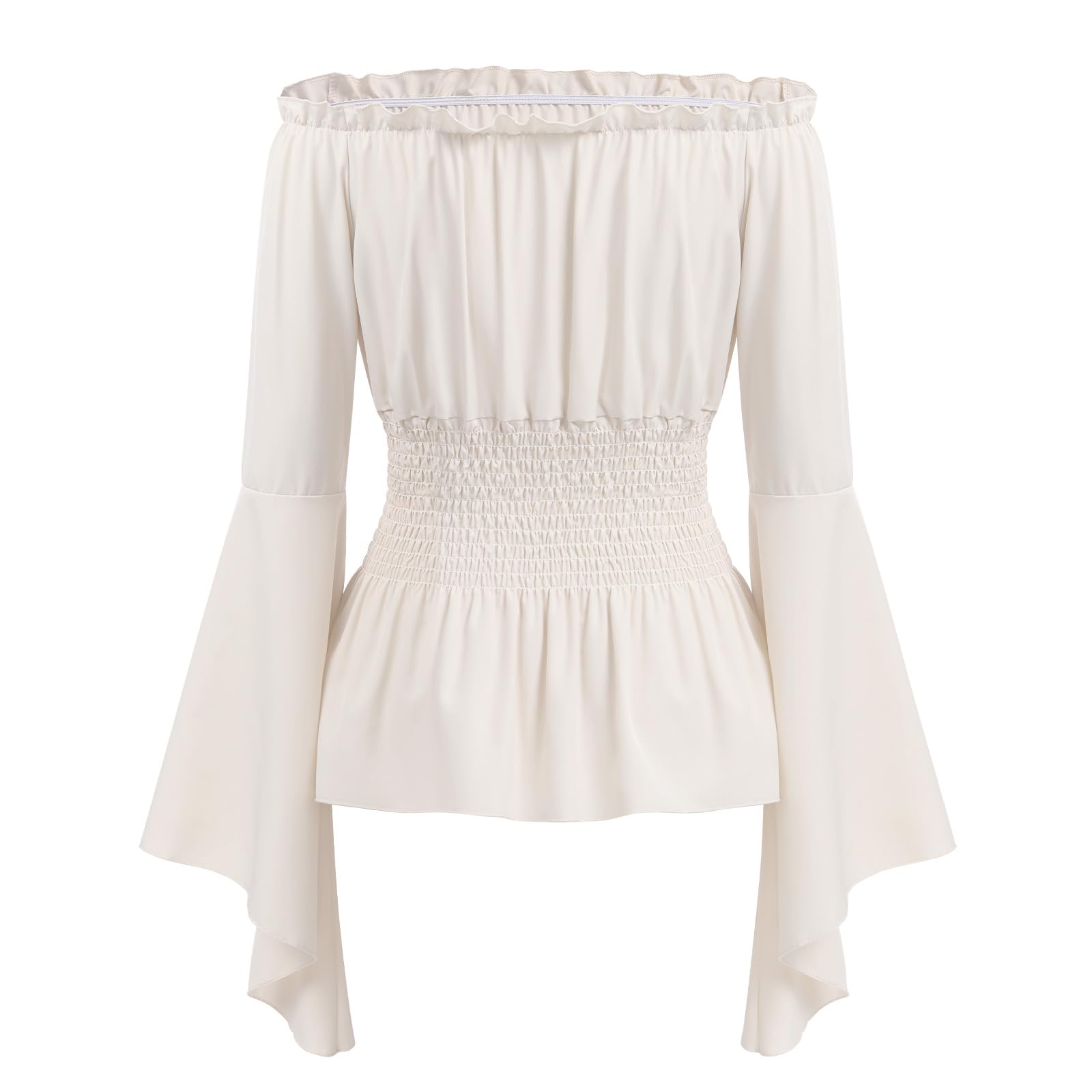 IMEKIS Women Renaissance Top Medieval Blouse Bell Sleeve Off Shoulder Gothic Voctrian Shirt with Corset Waist Belt Fancy Pirate Halloween Costume White M - Image 4