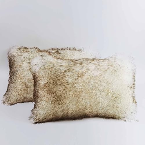 2 fundas de almohada esponjosas cubiertas de cabello largo blanco y marrón superior para decoración de sofá, cama en dormitorio o sala de estar,