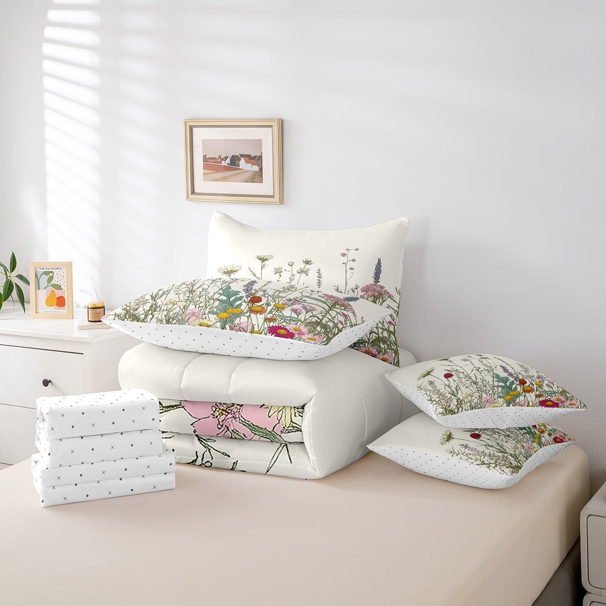 Erosebridal Wildflower Twin Comforter Set with Sheets 7 Piece,Rustic Country Flower Bed in A Bag for Kids Adults Garden Style Botanical Floral Bedding Set Reversible Aesthetics Bed Set