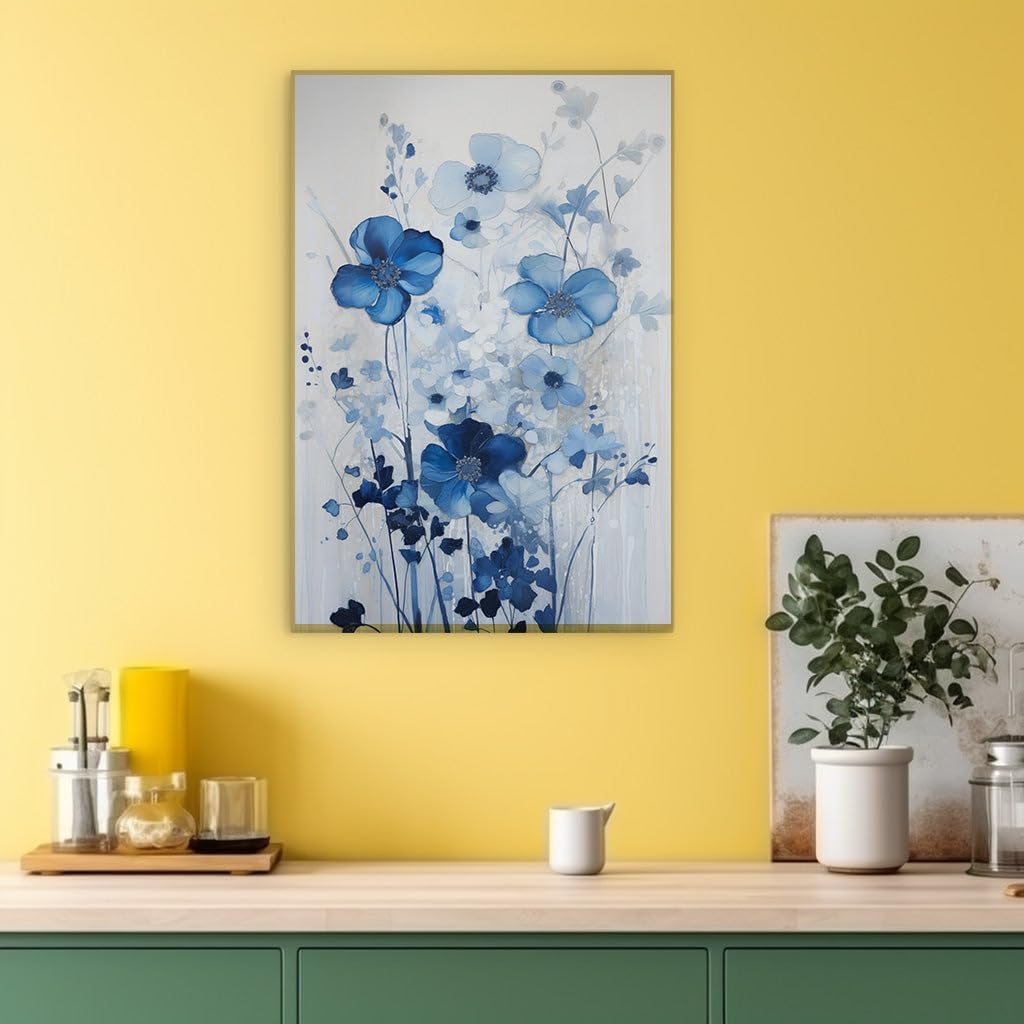 Canvas for Living Room. Blooming Abstracts: A Dance of Blue Blossoms and Blurred Edges, 27 x 18 inch Canvas Wall Art - Contemporary Masterpieces - Modern Home Decor