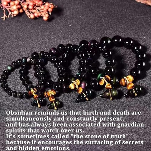 Lucky Bracelet, Feng Shui Black Obsidian Bracelet, for Women Men Natural Black Obsidian Wu Lou Calabash Gourd Rainbow Eye Tiger Eye Bracelet Attract Good Luck,8mm3