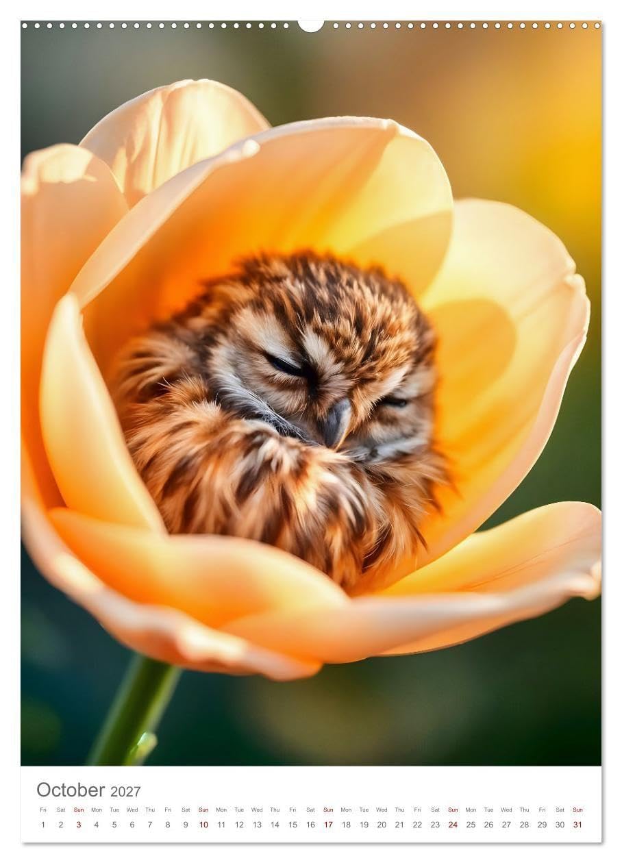 Forest babies asleep in flowers (High Quality Premium Wall Calendar 2027 DIN A2 portrait),CALVENDO 12 Month Wall Calendar: Baby forest animals dream in calyxes