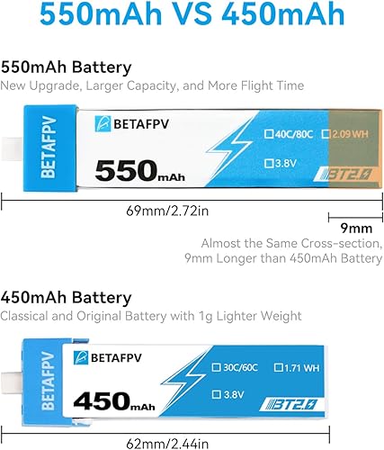 Miniatura 4 de BETAFPV 4pcs BT2.0 550mAh 1S Batería 3.8V 40C80C Lipo Batería con conector BT2.0 Compatible para 2.953-3.346 in 1S FPV Racing Whoop Drone