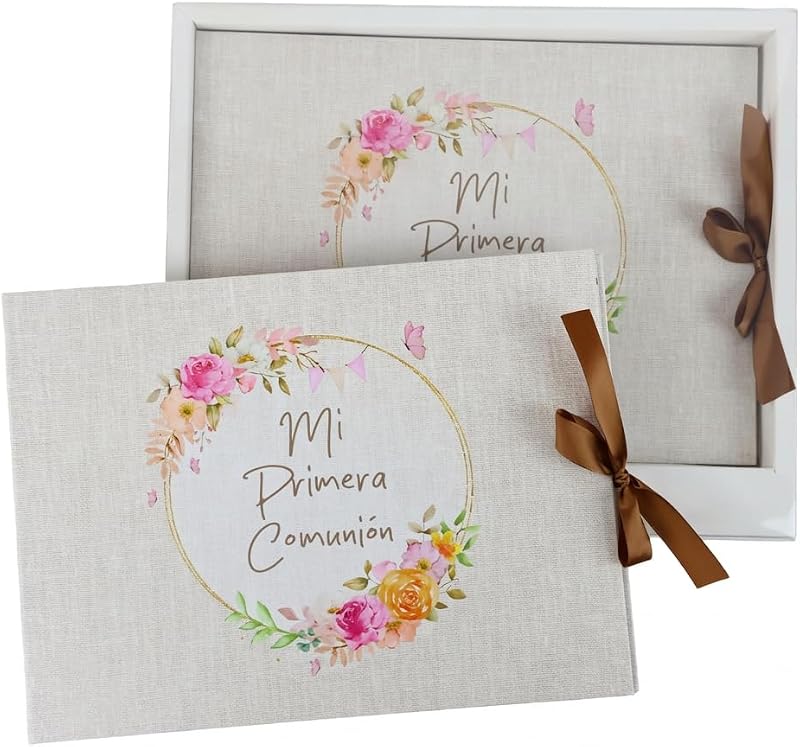 Libro de firmas comunión niño o niña, Libro de Recuerdos Fotos comunión, Arco Flores,Tapa Dura, Detalles comunión, Regalo Primera comunión,Recuerdos Comunión, Regalantes (Arco Flores Rosa)