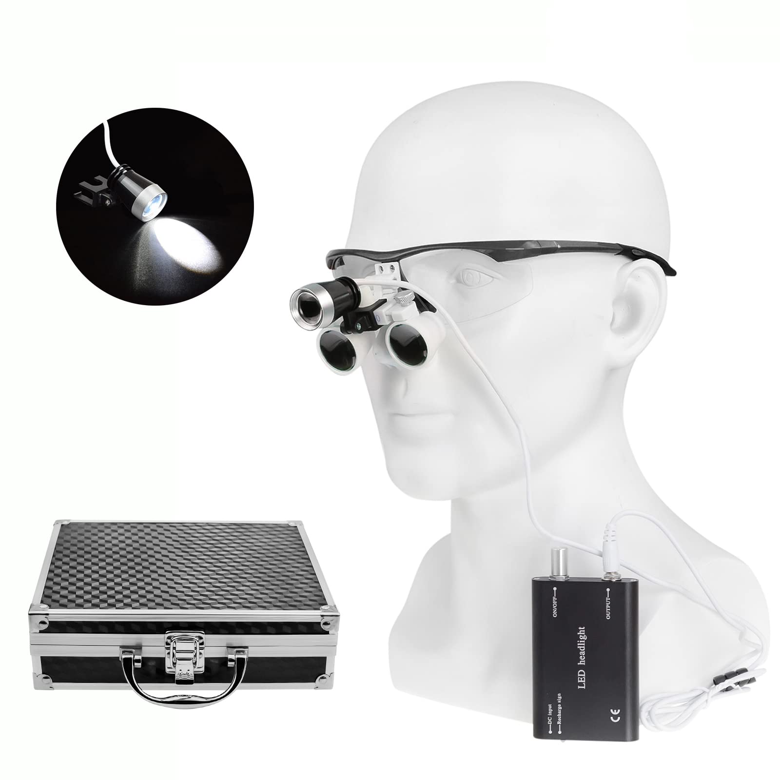 Loupe binoculaire avec lampe frontale LED grossissement 3,5x distance de travail 420 mm boîte aluminium