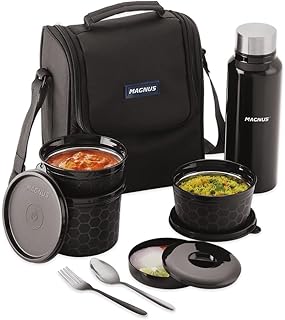 Magnus Microwave EVA 5 Lunch Box(Black) - 3 Containers, 1 Small Box, 1 Bottle, Cutlery | Leakproof Stainless Steel Lunch B Price In India