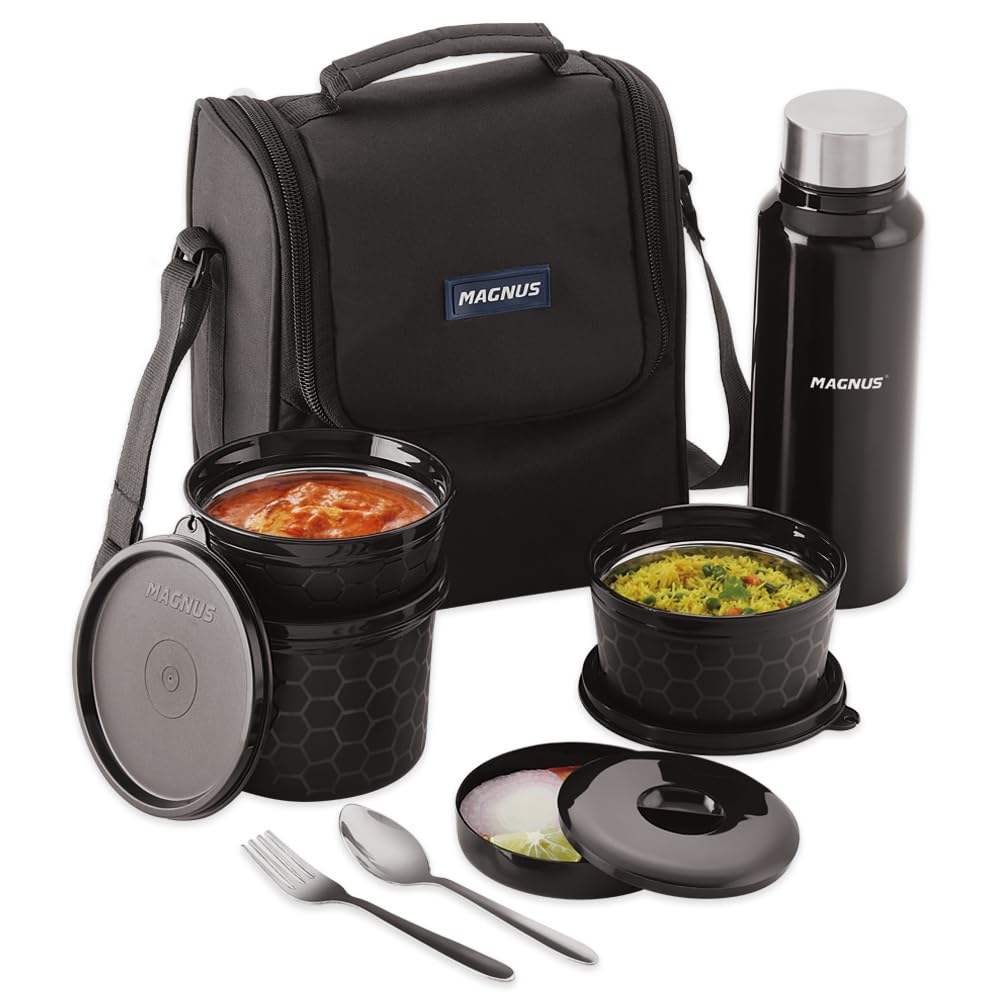Magnus Microwave EVA 5 Lunch Box(Black) - 3 Containers, 1 Small Box, 1 Bottle, Cutlery | Leakproof Stainless Steel Lunch B...
