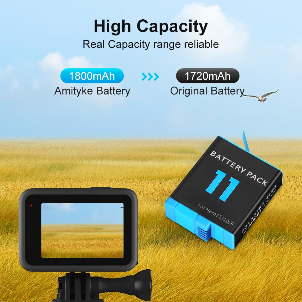 Amityke Hero 9/10/11 Battery 1800mAh 3-Pack, USB Storage Battery Quick Charger Station for Gopro Hero 11, Hero10, Hero 9 Black Fully Compatible with Gopro Hero 11 10 9 Battery and Charger