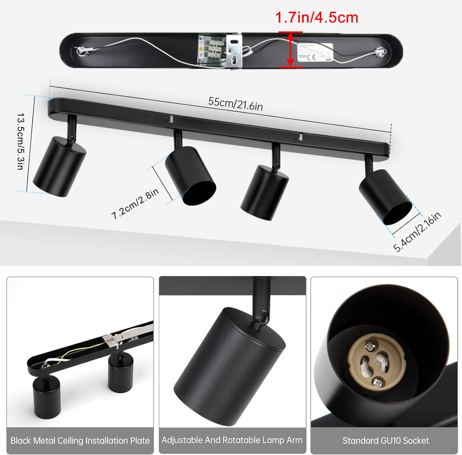 SGGSHENNAN 4 Way Track Lighting Kit Flexibly Rotatable Track Light Ceiling Kitchen LED Ceiling spot Light for Bedroom, Picture Wall, Hallway, Office, Bar, GU10 Socket (Black-4)