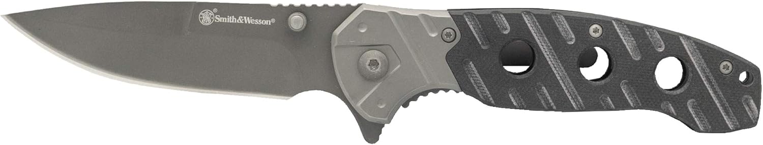 Smith & Wesson 7.75in Ti-Nitride, High Carbon S.S. Folding Knife with 3.25in Drop Point Blade and G10 Aluminum Handle for Outdoor Survival